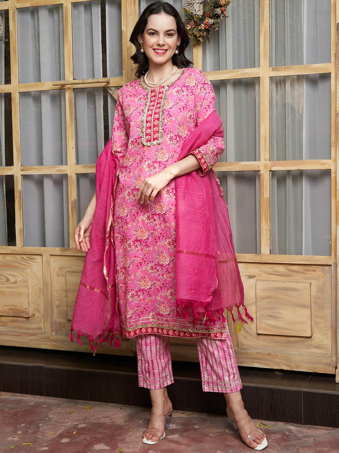 Sangria Pink Ethnic Motifs Printed Pure Cotton Kurta Set - Distacart