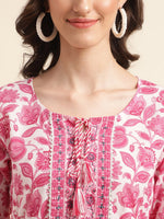 Thumbnail for Sangria Pink & White Floral Printed Pure Cotton Straight Kurta With Trouser & Dupatta - Distacart