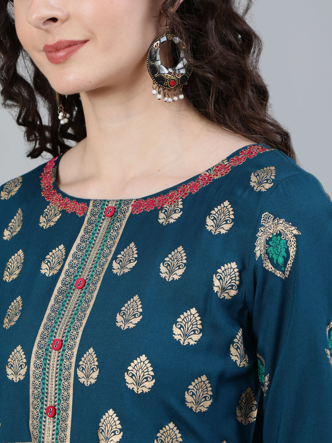Jaipur Kurti Women Turquoise Blue & Gold Ethnic Motifs Printed Handloom Anarkali Kurta - Distacart