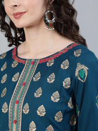 Thumbnail for Jaipur Kurti Women Turquoise Blue & Gold Ethnic Motifs Printed Handloom Anarkali Kurta - Distacart