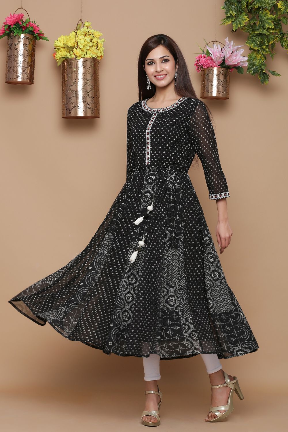 Juniper Womens Black Georgette Bandhani Print Kurta - Distacart