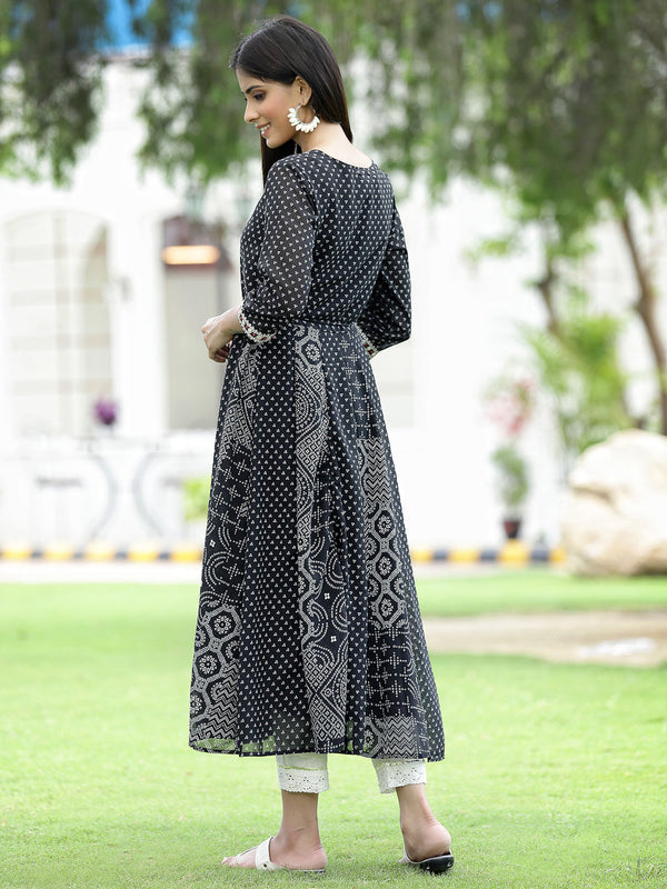 Juniper Women's Black Georgette Printed Anarkali Kurta - Distacart