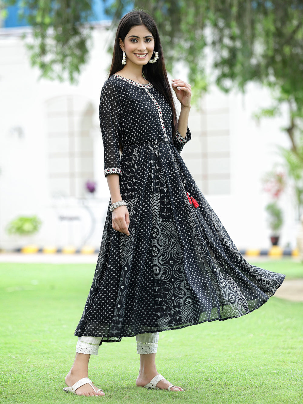 Juniper Women's Black Georgette Printed Anarkali Kurta - Distacart
