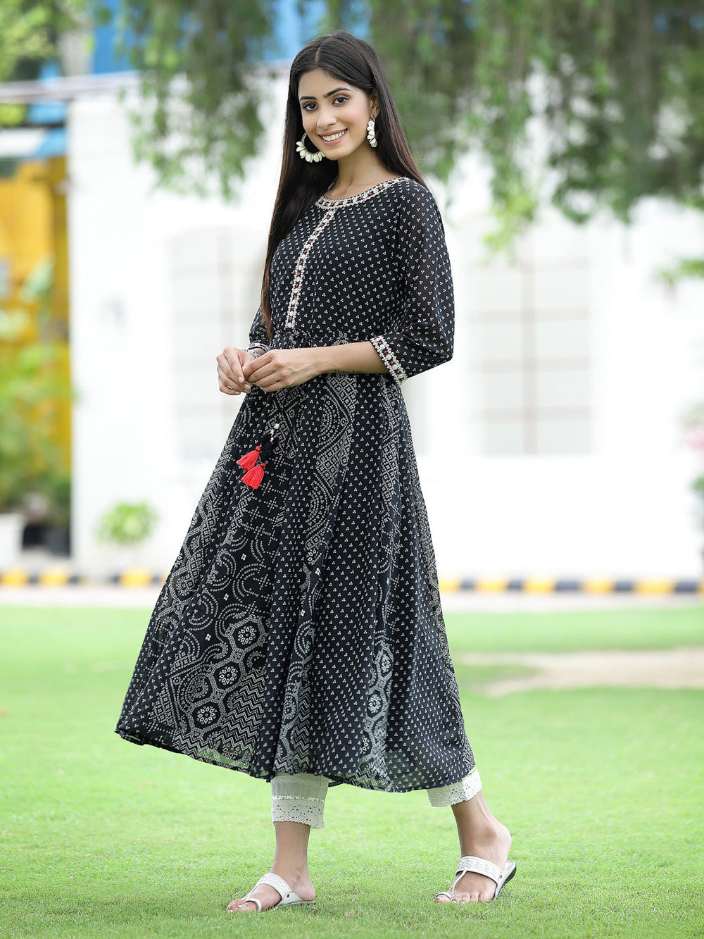 Juniper Women's Black Georgette Printed Anarkali Kurta - Distacart