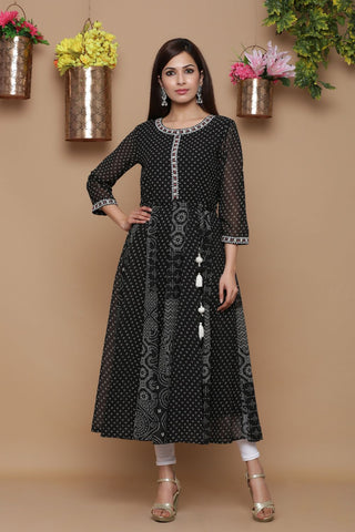 Juniper Womens Black Georgette Bandhani Print Kurta - Distacart