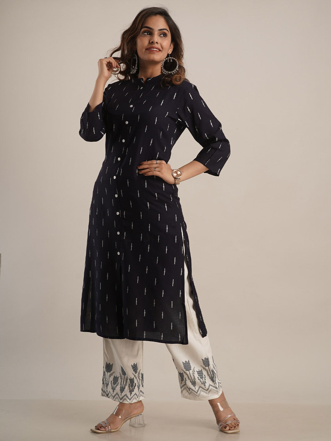 Kalini Women Navy Blue Printed Kurta With Palazzos - Distacart