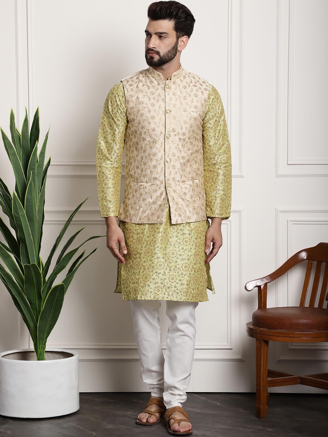 Sojanya Men Lime Green Ethnic Motifs Printed Kurta with Pyjamas & Nehru Jacket - Distacart