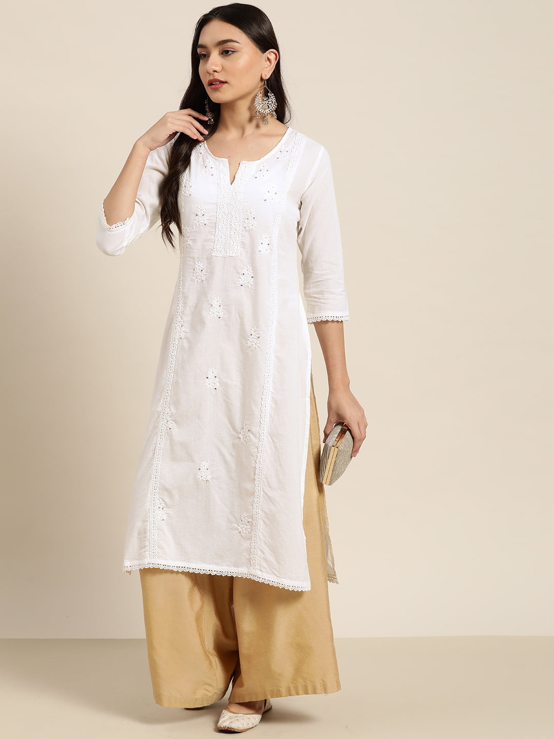 Juniper Women White Cotton Voile Embroidered Straight Kurta - Distacart