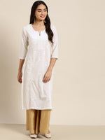 Thumbnail for Juniper Women White Cotton Voile Embroidered Straight Kurta - Distacart