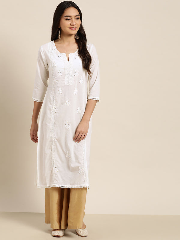 Juniper Women White Cotton Voile Embroidered Straight Kurta - Distacart