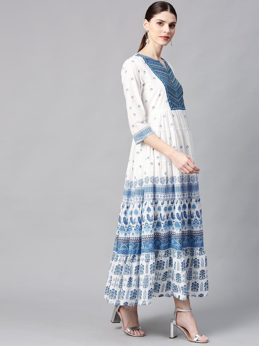 Juniper Women Blue Cotton Embroidered & Printed Tiered Dress - Distacart