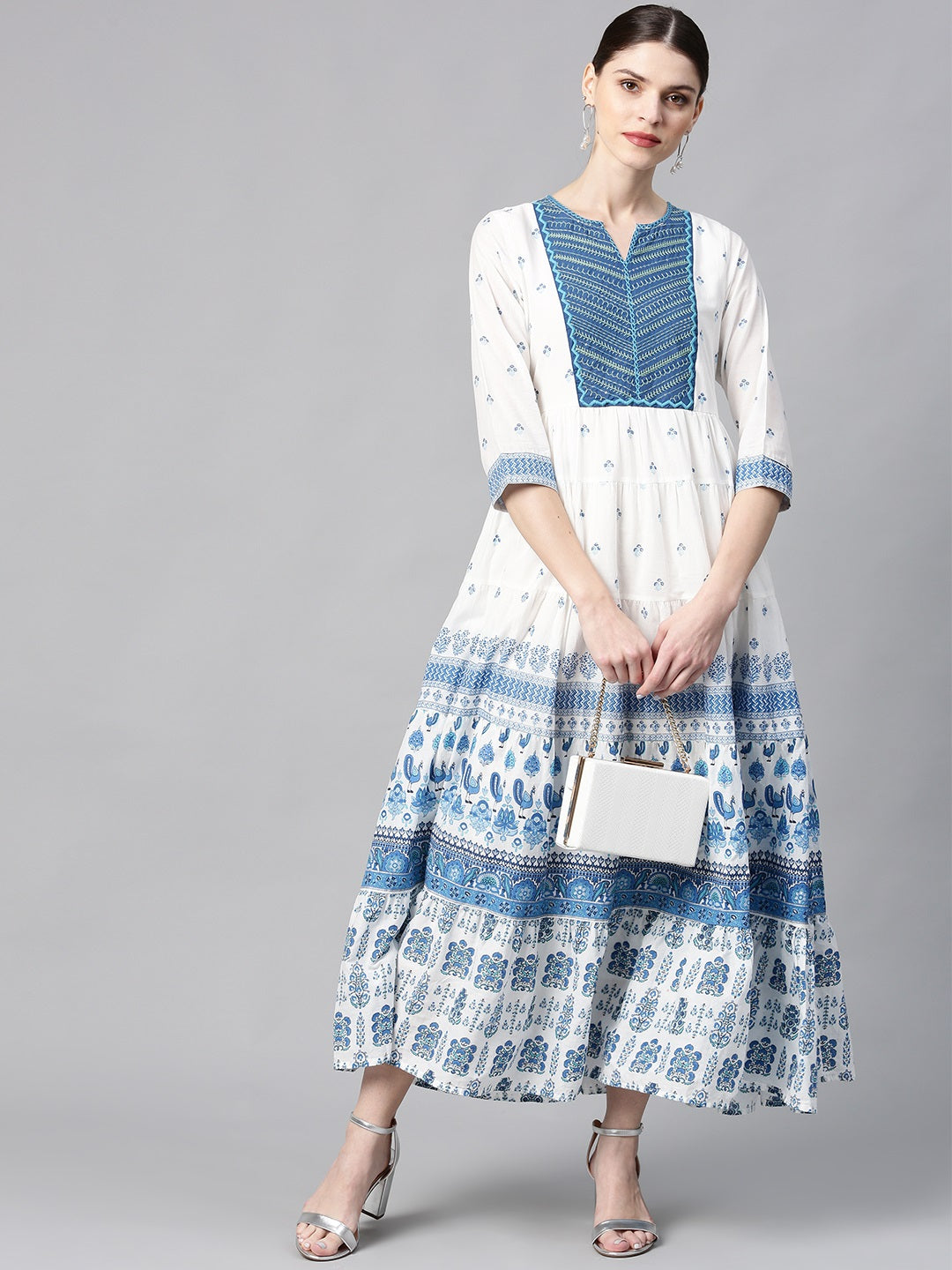 Juniper Women Blue Cotton Embroidered & Printed Tiered Dress - Distacart