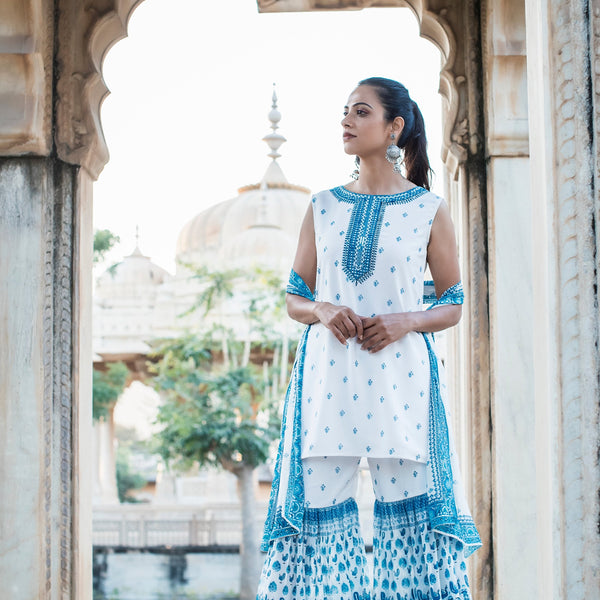 Juniper Womens Blue Embroidered And Printed Kurta Sharara Dupatta Set - Distacart