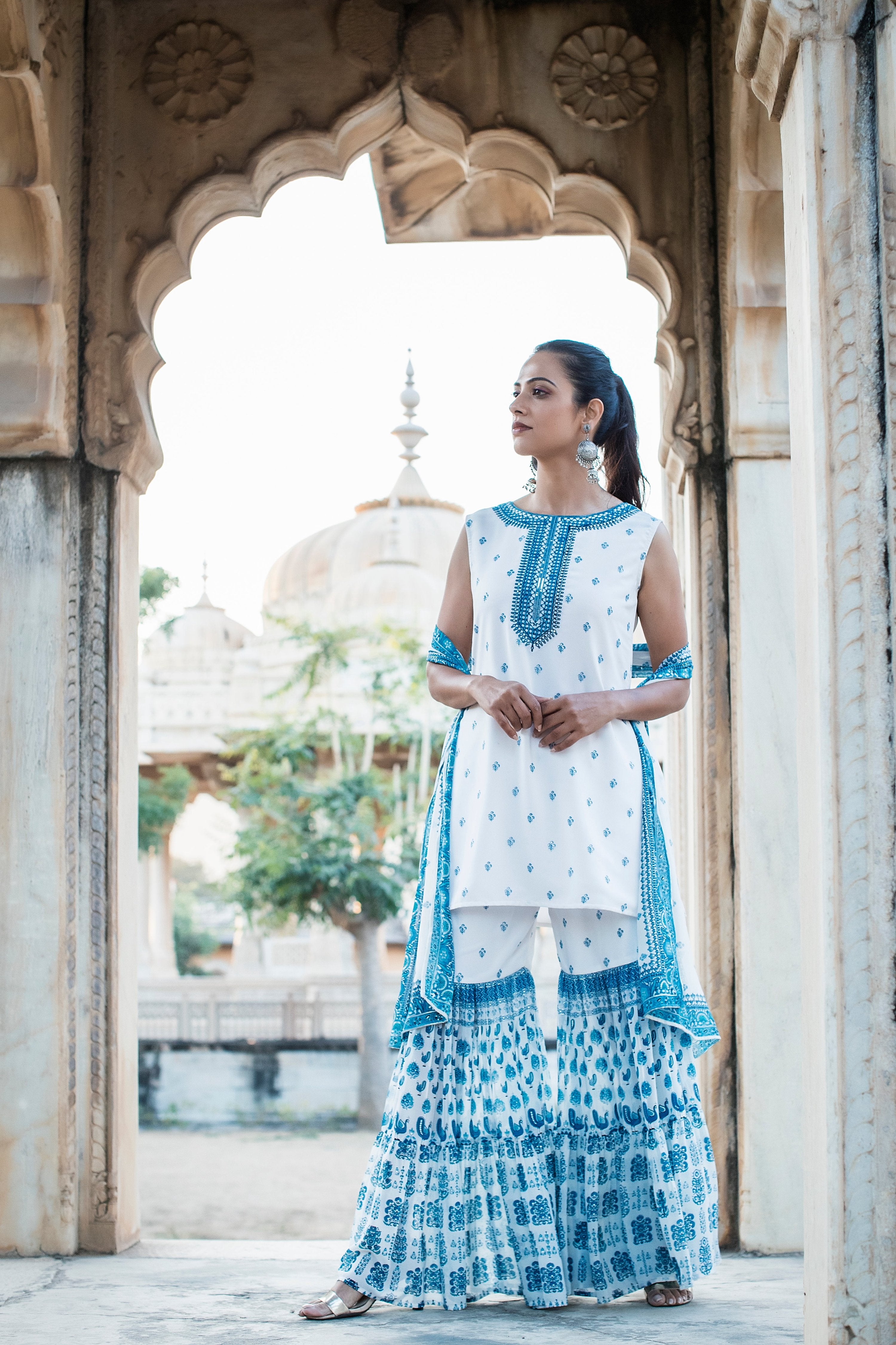 Juniper Womens Blue Embroidered And Printed Kurta Sharara Dupatta Set - Distacart