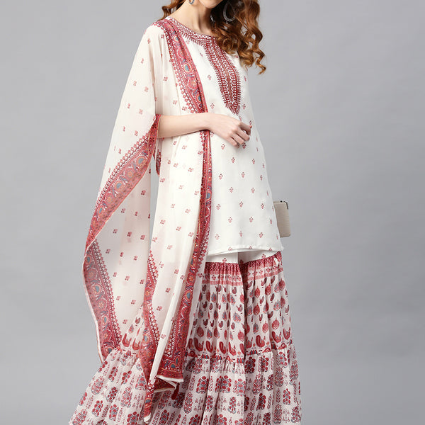 Juniper Womens Maroon Embroidered And Printed Kurta Sharara Dupatta Set - Distacart