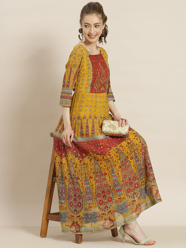 Juniper Women Mustard Georgette Printed Anarkali Dress - Distacart