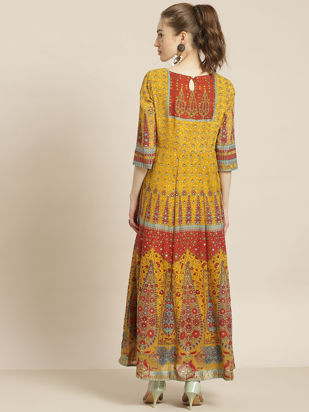Juniper Women Mustard Georgette Printed Anarkali Dress - Distacart