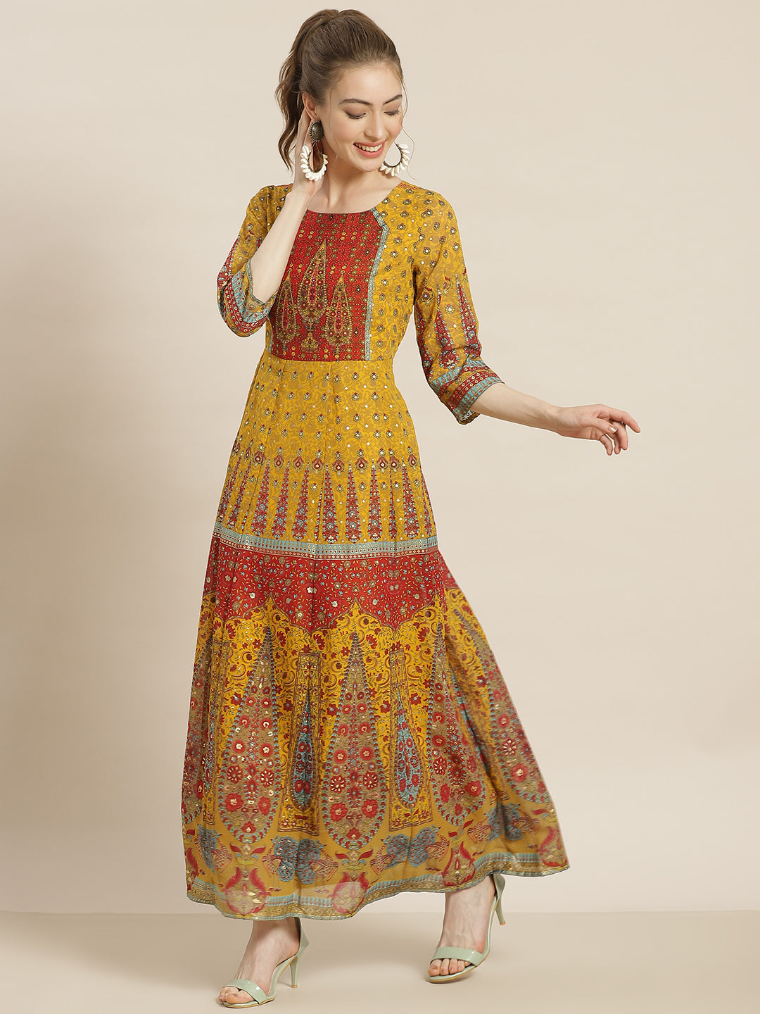 Juniper Women Mustard Georgette Printed Anarkali Dress - Distacart