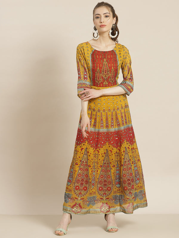 Juniper Women Mustard Georgette Printed Anarkali Dress - Distacart