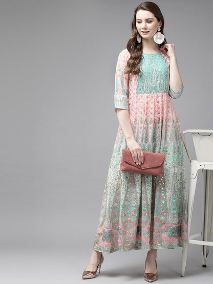 Juniper Womens Peach Georgette Foil Print Maxi Dress - Distacart
