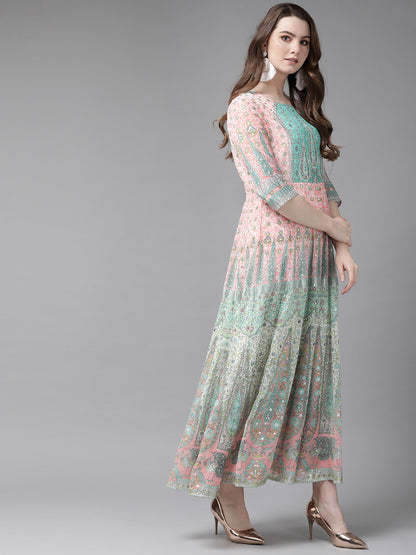 Juniper Womens Peach Georgette Foil Print Maxi Dress - Distacart
