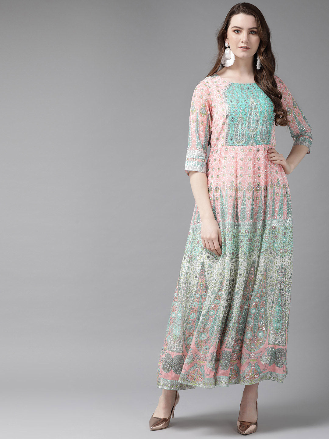 Juniper Womens Peach Georgette Foil Print Maxi Dress - Distacart