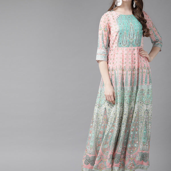 Juniper Womens Peach Georgette Foil Print Maxi Dress - Distacart