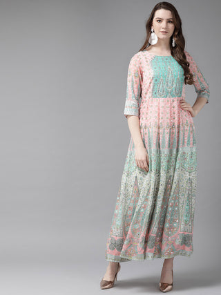 Juniper Womens Peach Georgette Foil Print Maxi Dress - Distacart
