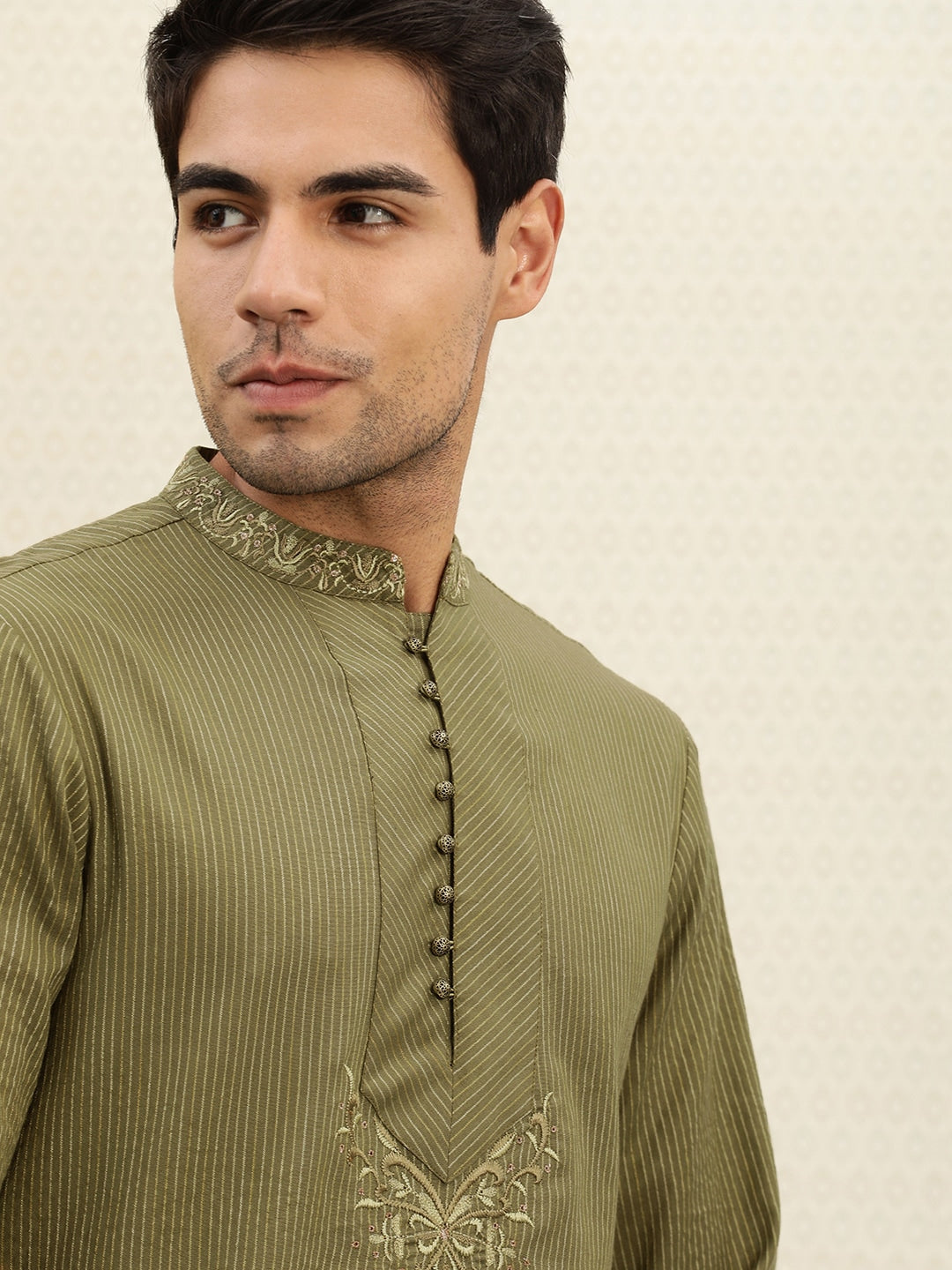 House of Pataudi Men Olive Green Striped Straight Kurta with Embroidered Detail - Distacart