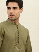 Thumbnail for House of Pataudi Men Olive Green Striped Straight Kurta with Embroidered Detail - Distacart