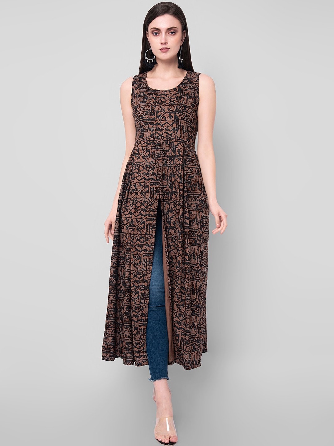Kalini Women Brown & Black Abstract Print A-Line Kurta - Distacart