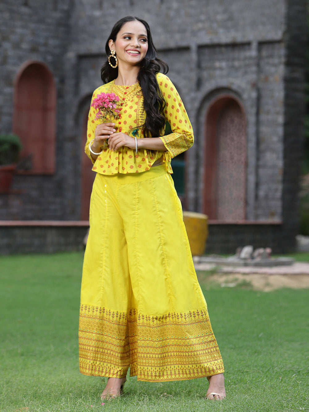 Juniper Women's Yellow Cambric Printed Peplum Clothing Set - Distacart