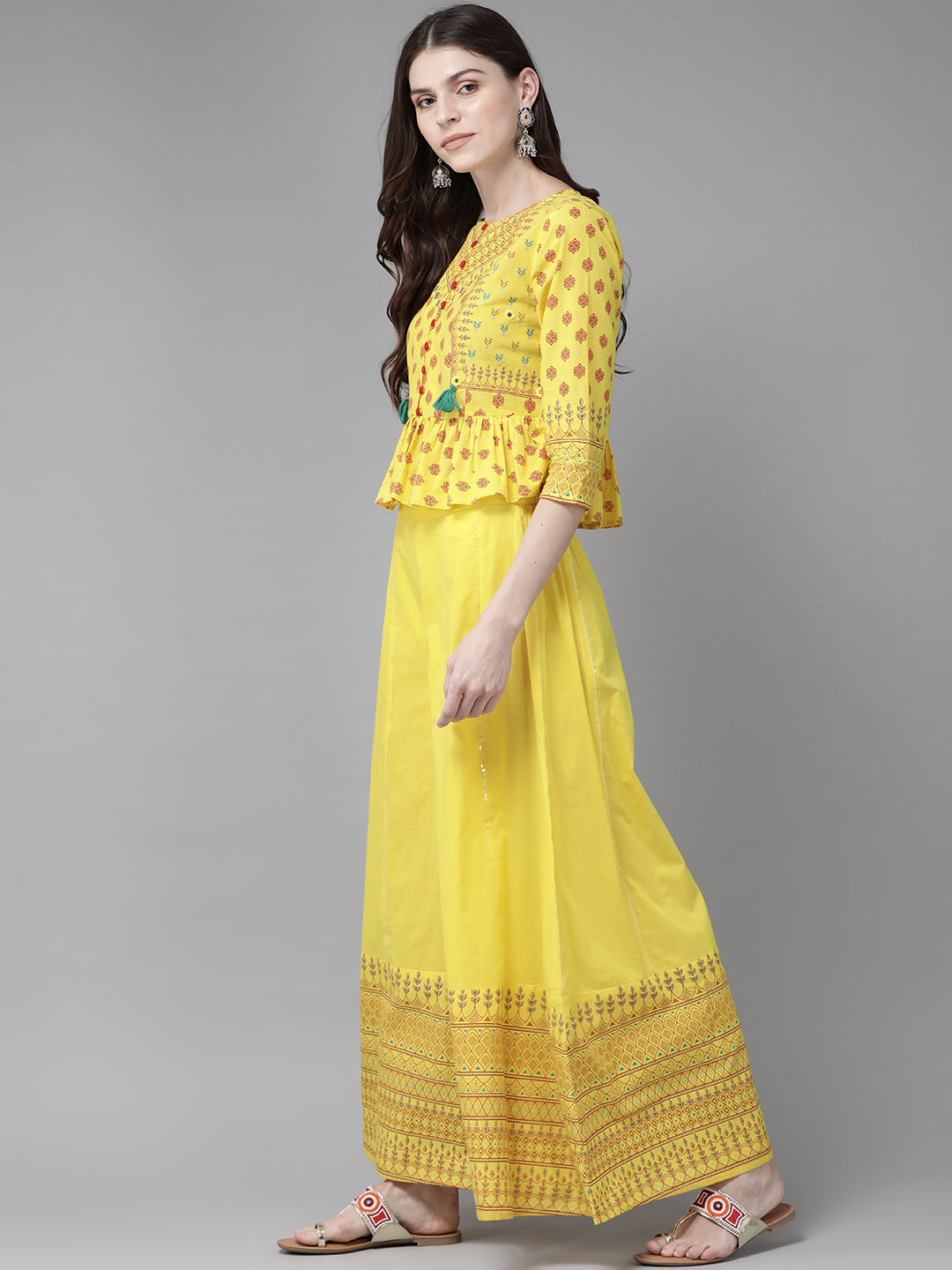 Juniper Women Yellow Cambric Printed Peplum Clothing Set - Distacart