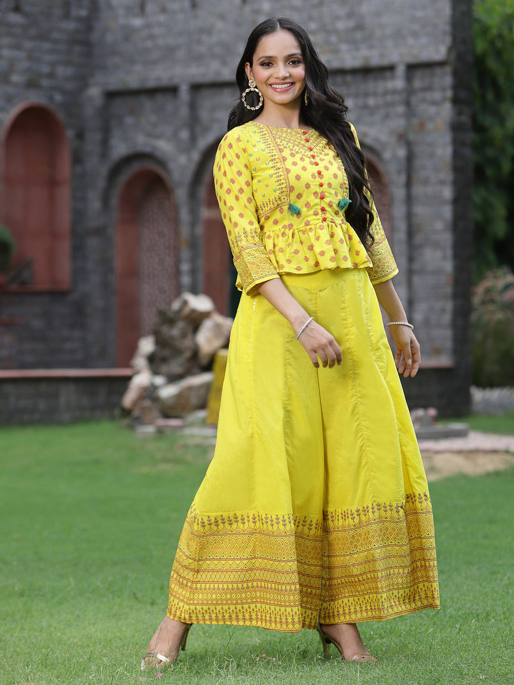 Juniper Women's Yellow Cambric Printed Peplum Clothing Set - Distacart