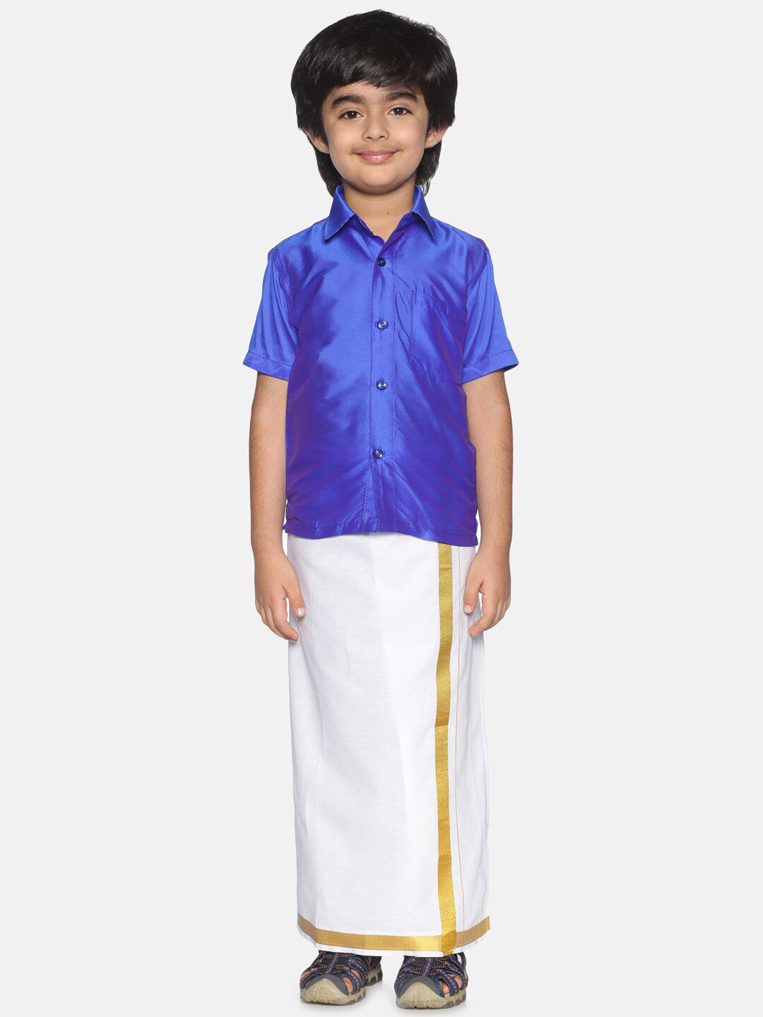Sethukrishna Boys Blue & White Solid Shirt with Veshti Set - Distacart