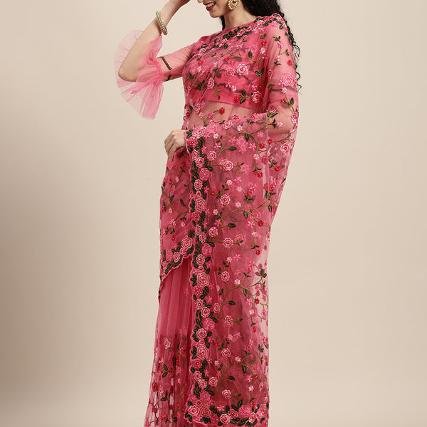 Tikhi Imli Pink & Green Beads and Stones Net Heavy Work Saree - Distacart