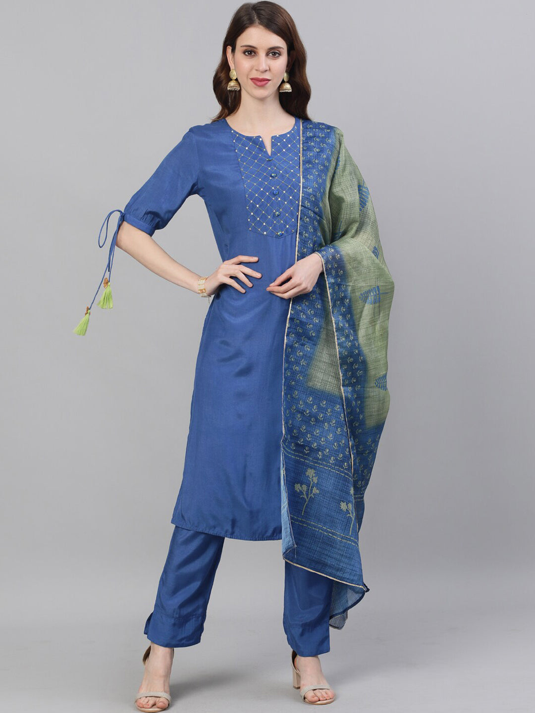 Jaipur Kurti Women Blue Yoke Design Kurta with Trousers & Dupatta - Distacart