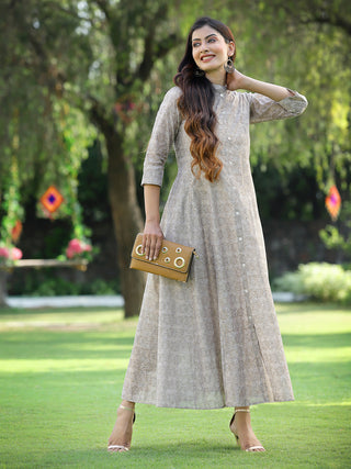 Juniper Women's Beige Chanderi Silk Printed Anarkali Kurta - Distacart