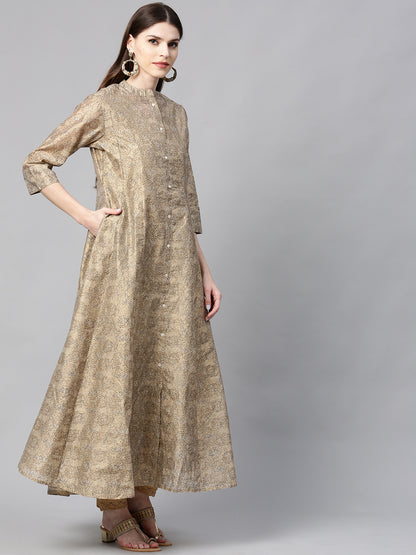 Juniper Women Beige Chanderi Silk Printed Anarkali Kurta - Distacart