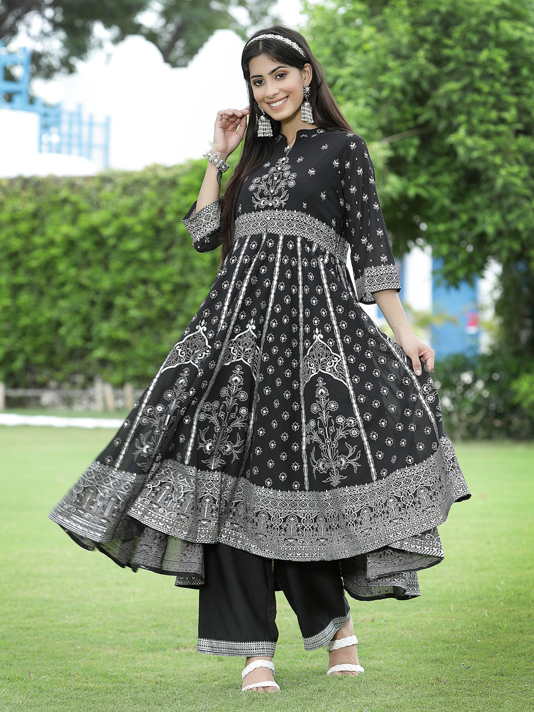 Juniper Womens Black Georgette Foil Printed Circular Kurta Dress With Solid Palazzo Set - Distacart