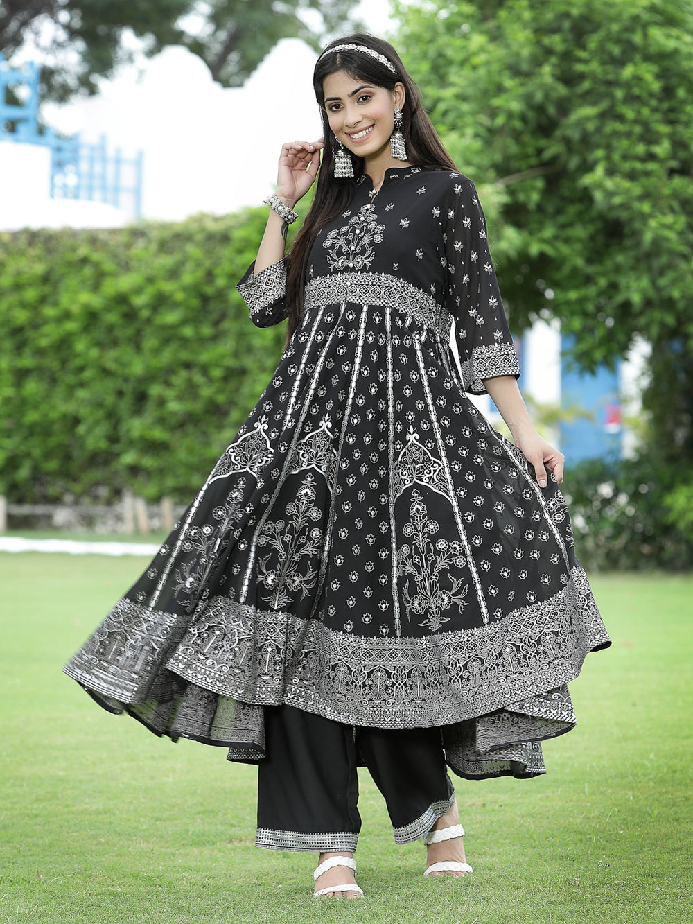 Juniper Women's Black Georgette Printed Anarkali Kurta Sets - Distacart