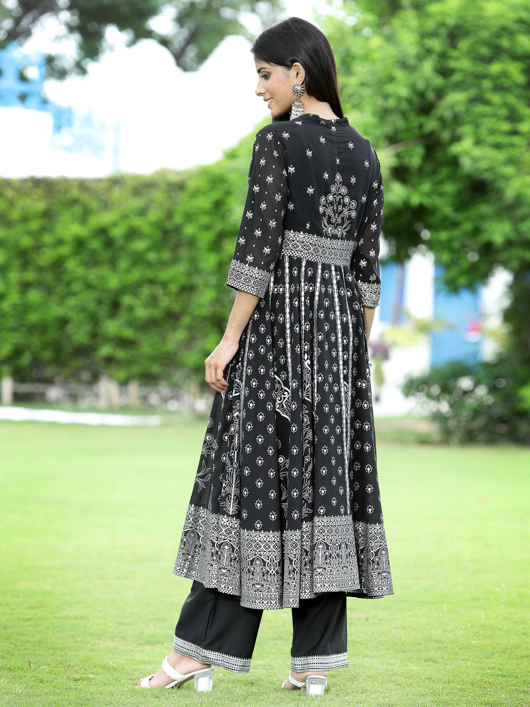 Juniper Womens Black Georgette Foil Printed Circular Kurta Dress With Solid Palazzo Set - Distacart