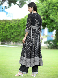 Thumbnail for Juniper Womens Black Georgette Foil Printed Circular Kurta Dress With Solid Palazzo Set - Distacart