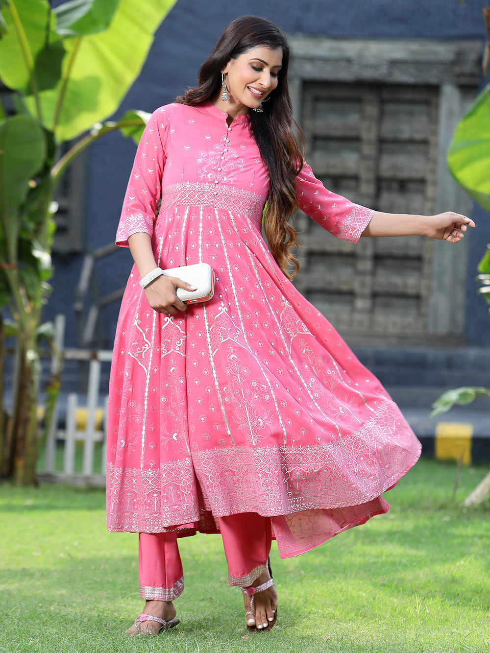 Juniper Women's Coral Georgette Printed Anarkali Kurta Sets - Distacart