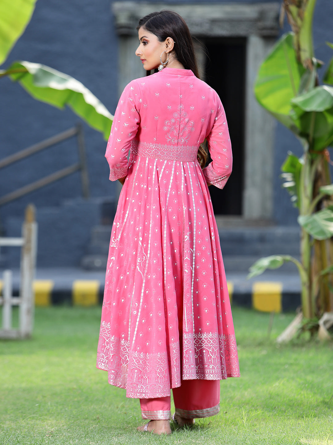 Juniper Womens Coral Georgette Foil Printed Circular Kurta Dress With Solid Palazzo Set - Distacart