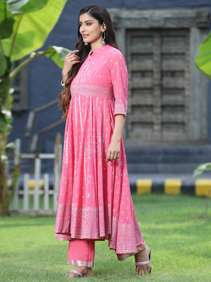 Juniper Womens Coral Georgette Foil Printed Circular Kurta Dress With Solid Palazzo Set - Distacart