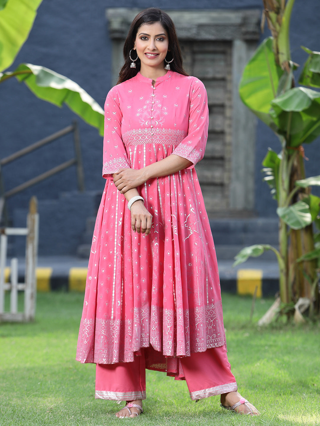 Juniper Womens Coral Georgette Foil Printed Circular Kurta Dress With Solid Palazzo Set - Distacart