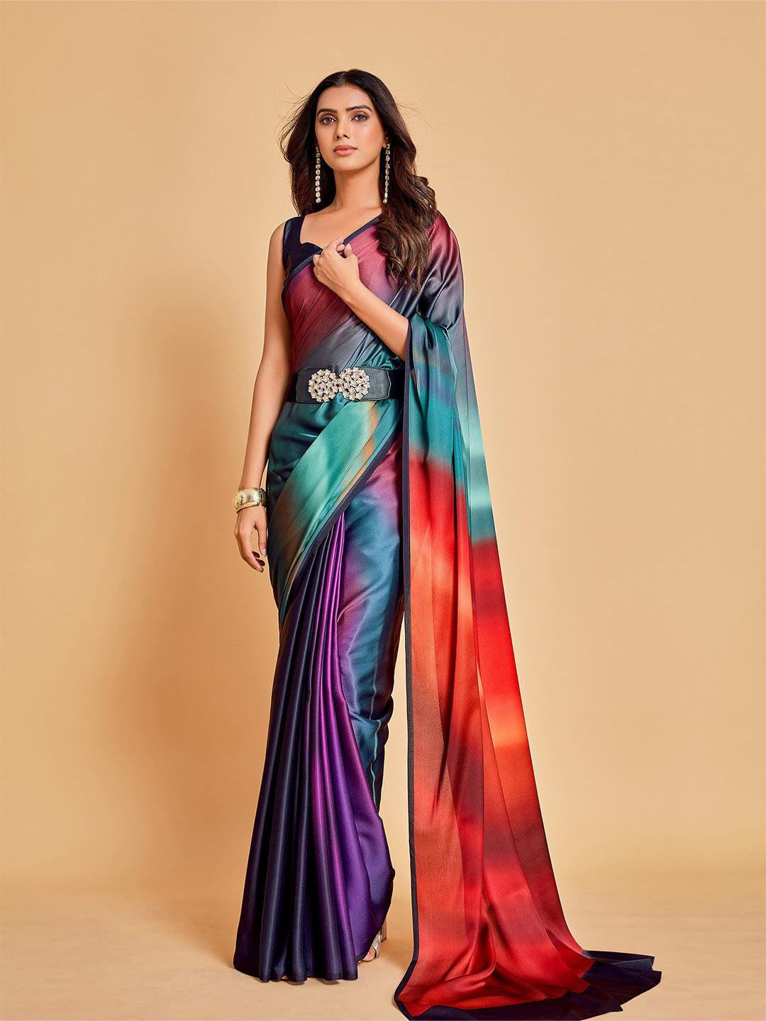 Sangria Violet & Orange Ombre Satin Saree - Distacart