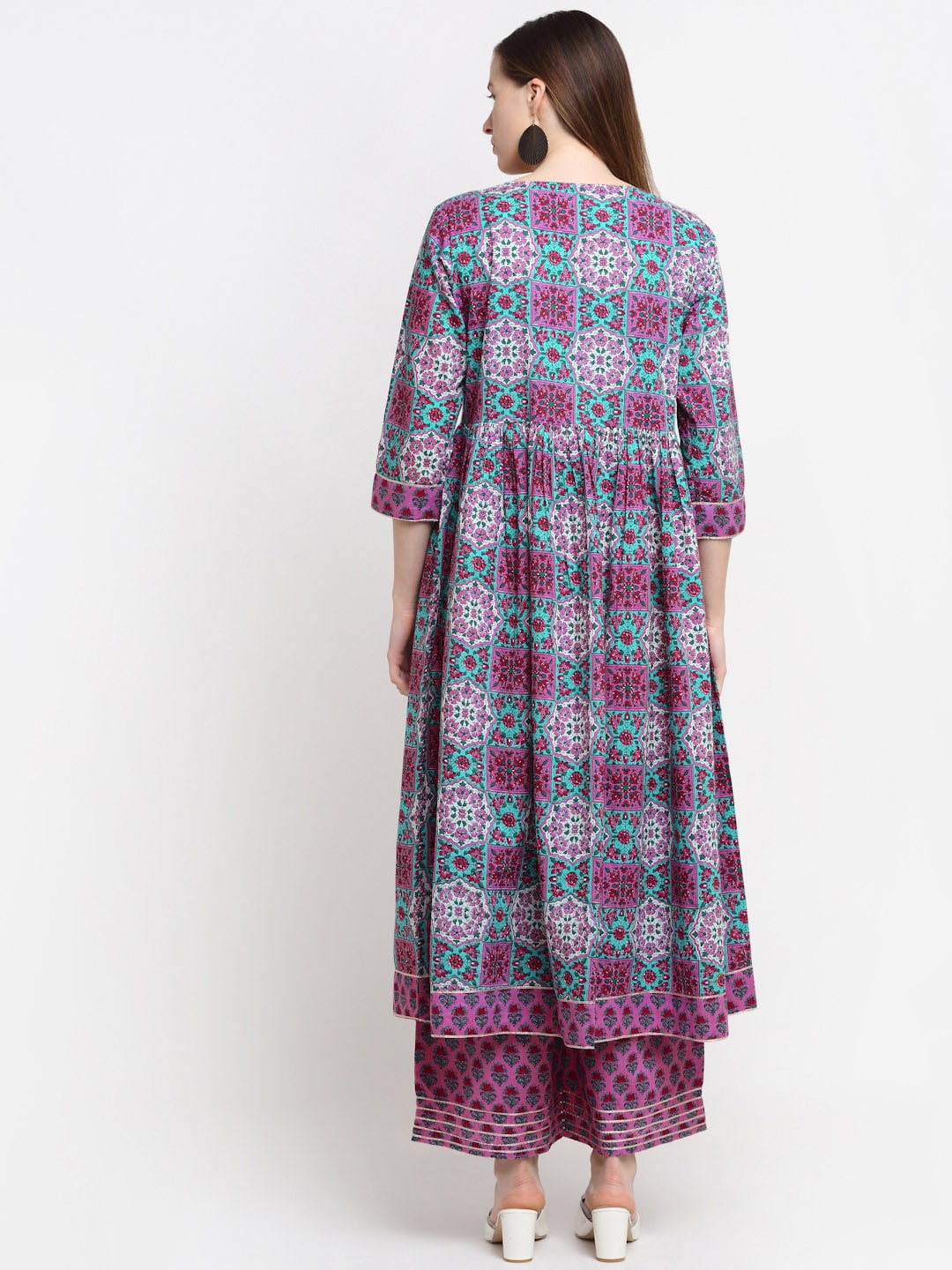 Kalini Women Brown Floral Printed Thread Work Pure Cotton Kurta with Palazzos - Distacart