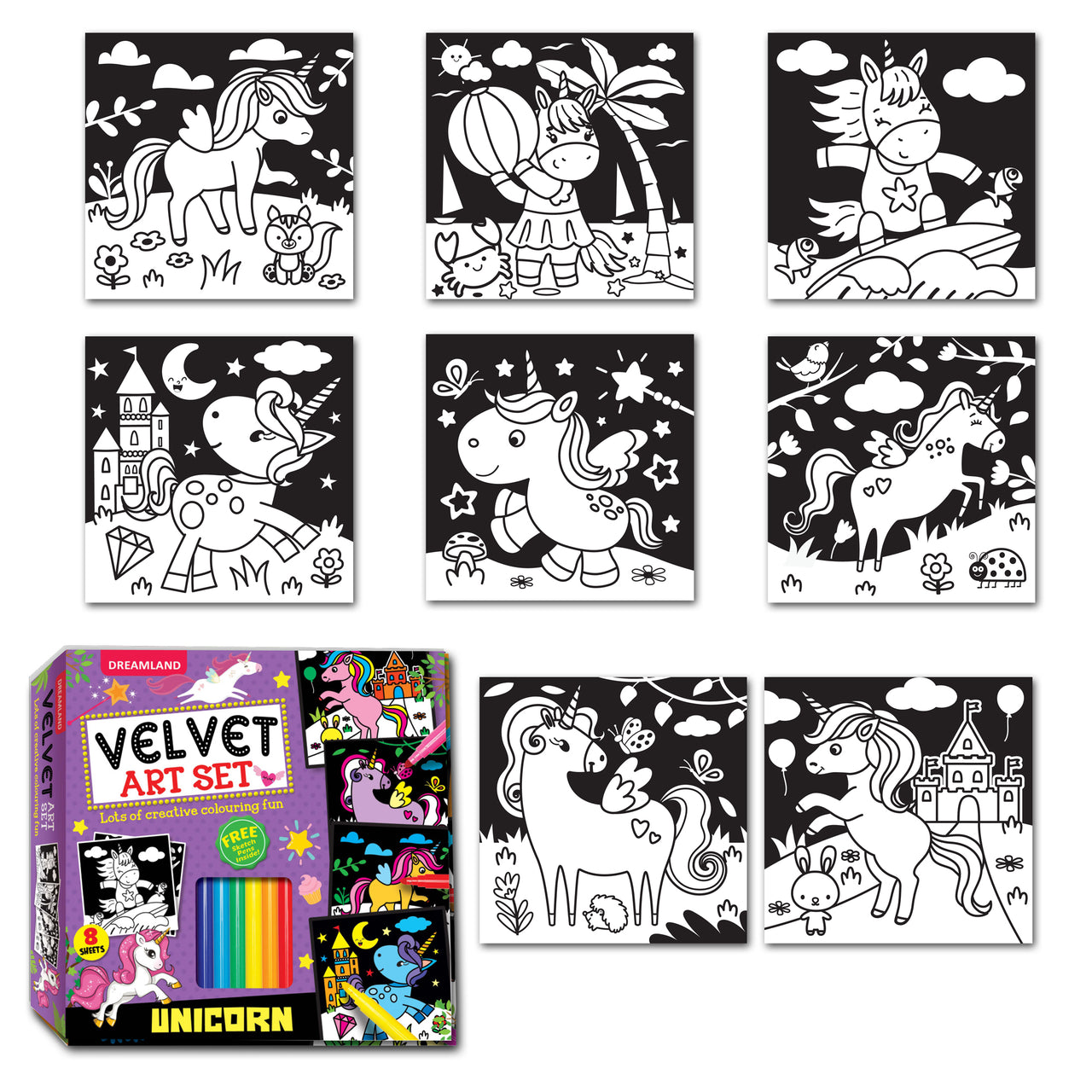 Dreamland Publications Unicorn - Velvet Art Set With 10 Free Sketch Pens - Distacart
